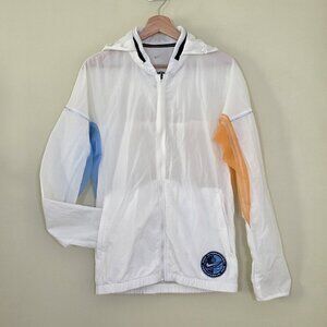 Nike Jacket Mens S White Zip Mock Neck Pockets LS Lightweight Running Hood Mesh